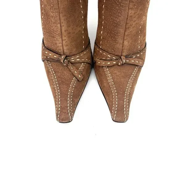 Vintage Prada Brown Suede Bow White Contrast Stitch Knee High Boots 40 - Picture 7 of 9